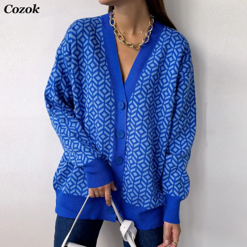 

2021Autumn Winter Women V Neck Knitted Cardigans Sweater Loose Long Sleeve Oversized Y2K Top Vintage Print Casual Cardigans