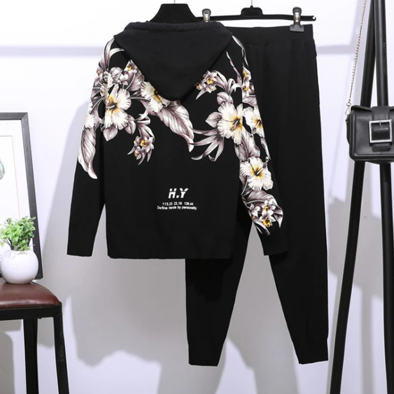 

Sets 2 Piece Running Set Loose Flower Print Hoodies Zippers Long Pant Women Autumn Winter Tracksuits Suits 2021