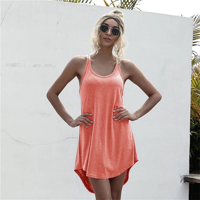 

U-Neck Sleeveless Tank Card Shoulder Dress Women Solid Casual Loose Off Shoulder Polyester Mini Dress Summer Vestidos Streetwear