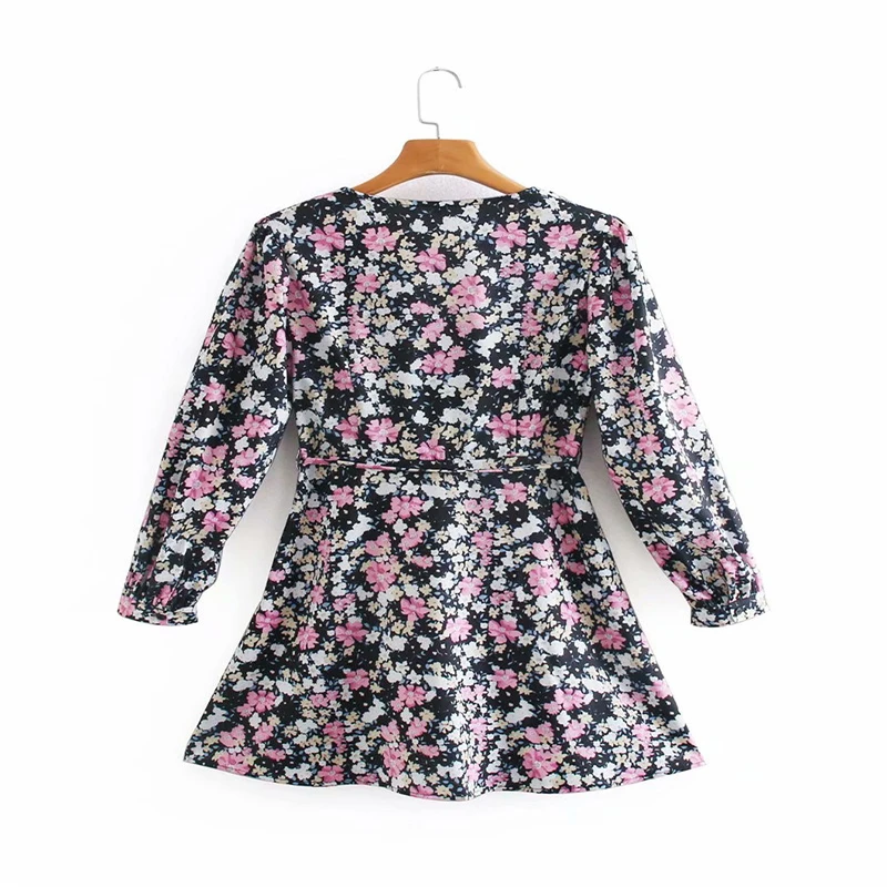 

High quailty Women Chic Fashion Floral Print Mini Dress Vintage Long Sleeve Drawstring Side Hollow Out Female Dresses Vestidos