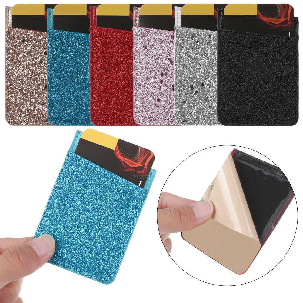 1PC PU Leather Sequins Cell phone Pocket Credit Card Holder For Phone Card Holder Sticker Adhesive Pouch Wallet Case