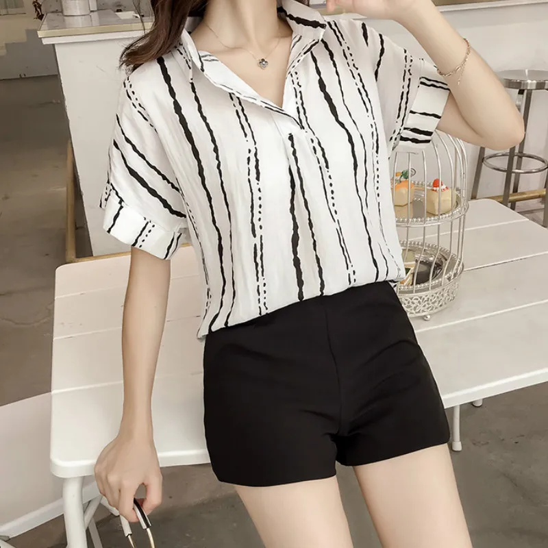 Новый Blusas Mujer De Moda Женские топы и блузки с отложным воротником в полоску женские