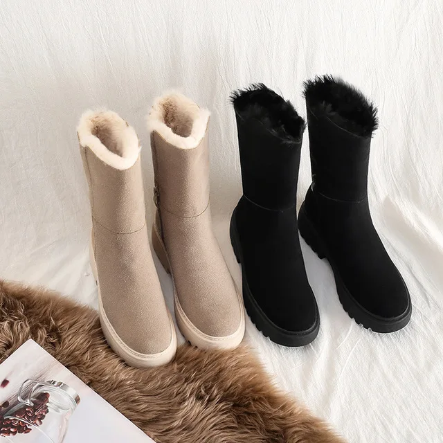 

Женские ботильоны на платформе, теплые ботинки из флока на квадратном каблуке, с плюшевой подкладкой, без застежки, зимний сезон 2021