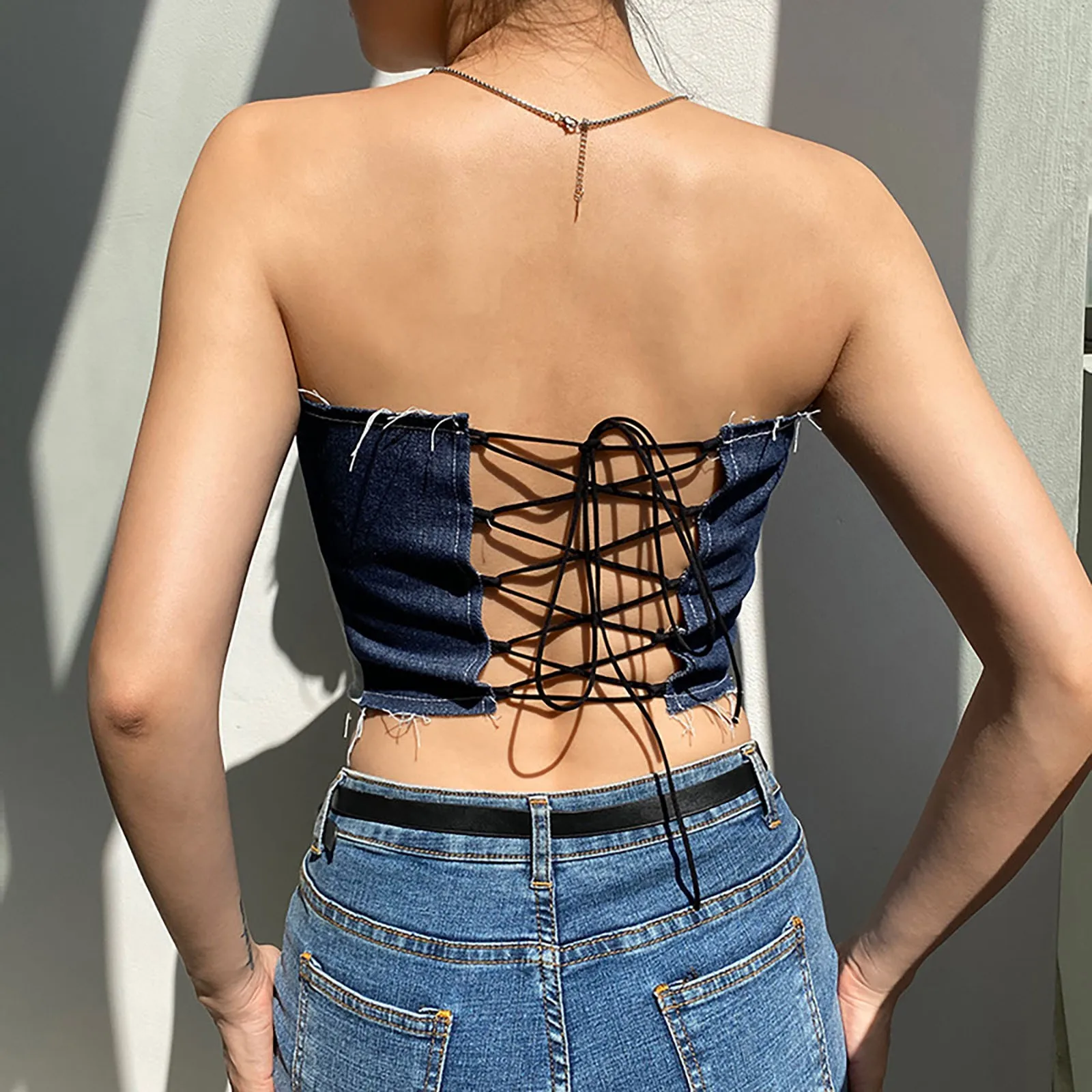 

Fashion Crop Top Women Sexy Street Halter Backless Corset Top Denim Stitching Edge Ladies Tops