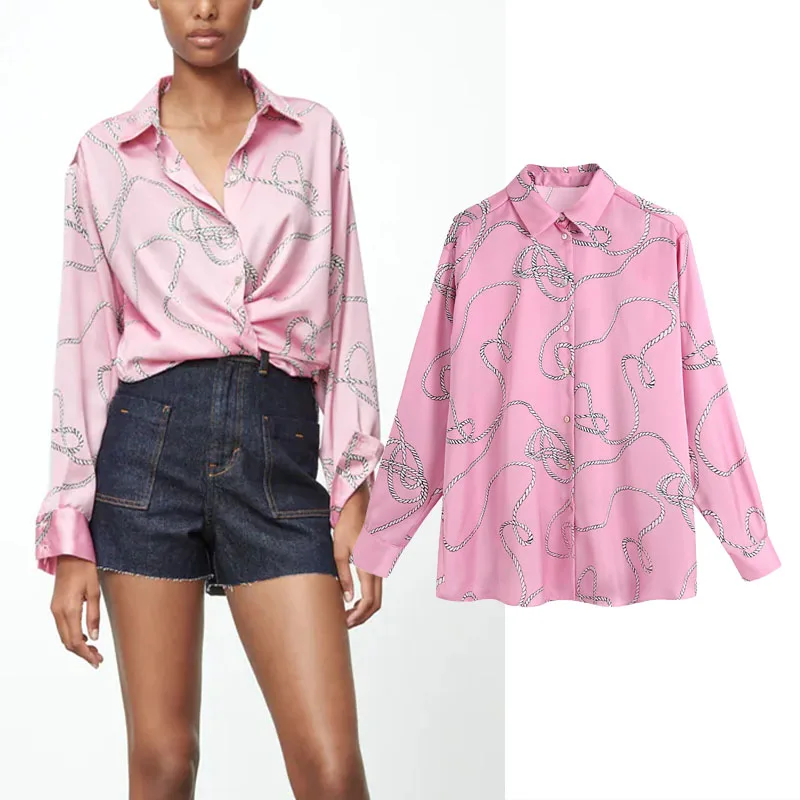 

Женская атласная рубашка с отложным воротником, розовая Повседневная Свободная блузка с длинным рукавом и принтом, на пуговицах, лето 2021