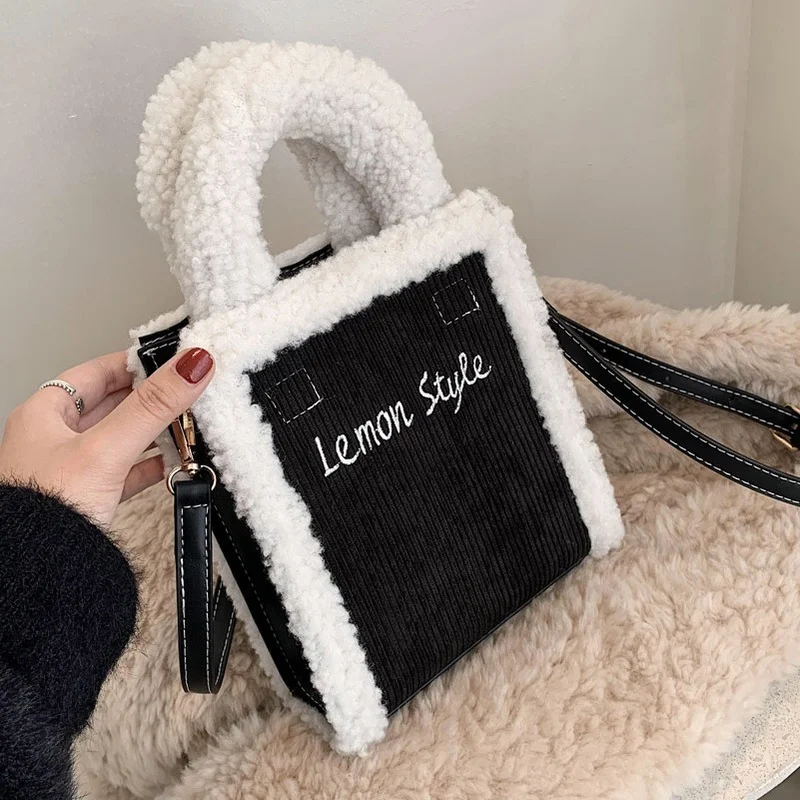 

Вельветовая сумка-мессенджер, модная сумка-тоут, новинка 2021, сумка на плечо из овечьей шерсти с вышивкой текста, кошельки и сумки, женская су...