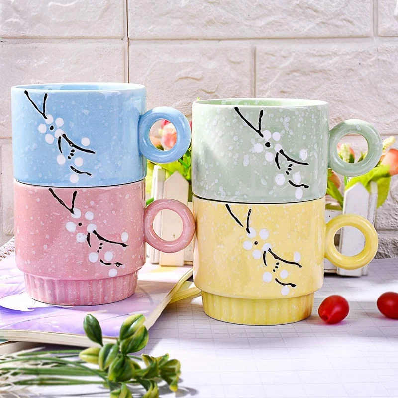 Ceramic Coffee Mugs Set Of 4 Stackable Cups With Stand Vibrant Color And Space Saving For Latte Mocha Tea | Дом и сад