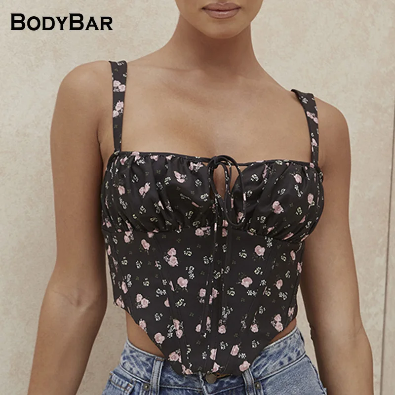 

Black Floral Chic Top Camisole Lace-up Vest Bare Navel Cropped Vest Ladies Party Tanks Tops For Woman Sexy Crop Tee Summer Camis