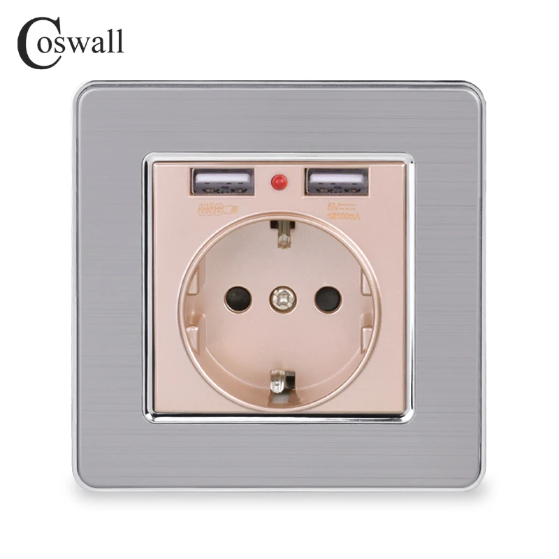 Coswall, двойной usb порт для зарядки, 5 В, 2,1 А, светодиодный индикатор, 16А, настенная розетка европейского стандарта, панель из нержавеющей стали, серый, черный, белый, золотой