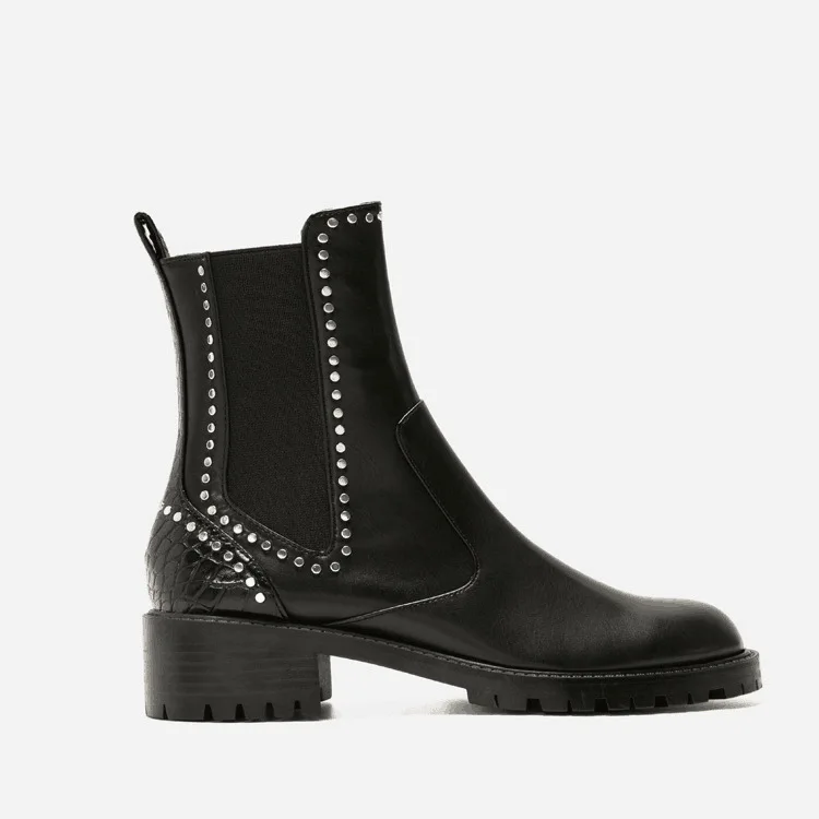Женские ботинки с заклепками в стиле панк зимние челси круглым носком и