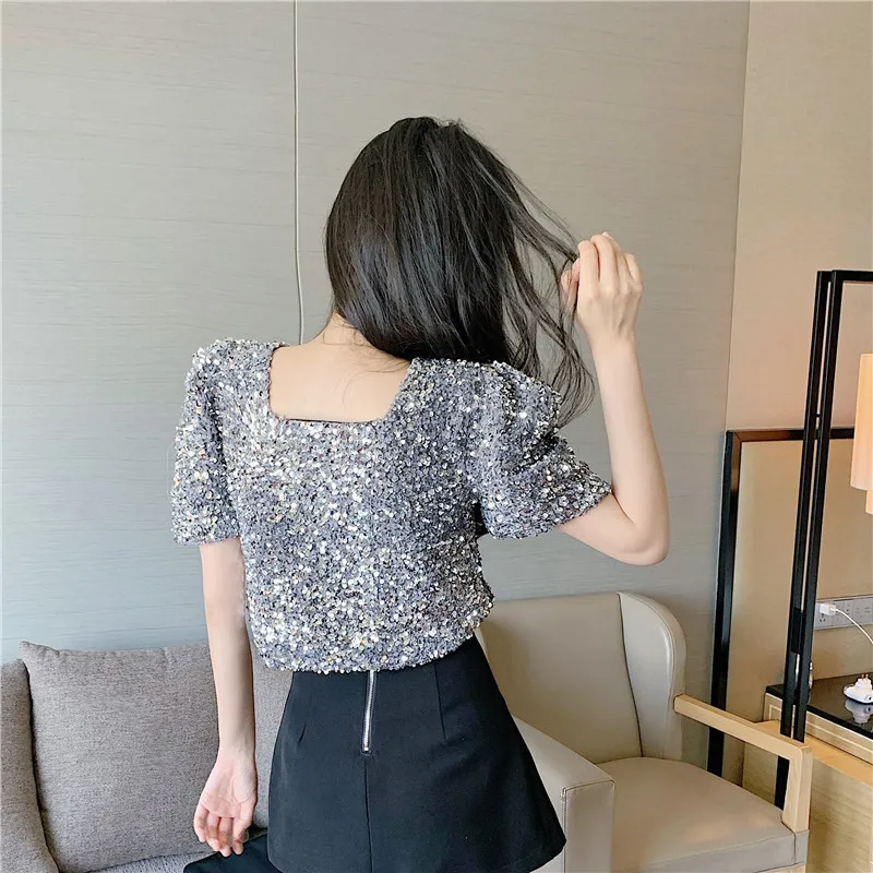 

2021 Summer New Fashion Sequins Square Neck Sexy Short-sleeved T-shirt Women Top