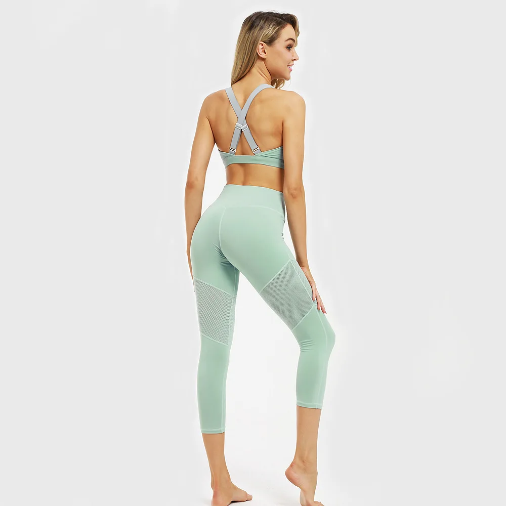 

Women's Fitness Suits Sexy Deep V Neck Crop Tank Workout wo-Piece Suit Femme Mesh Stitching Breathable Yoga Sets Tops Leggings