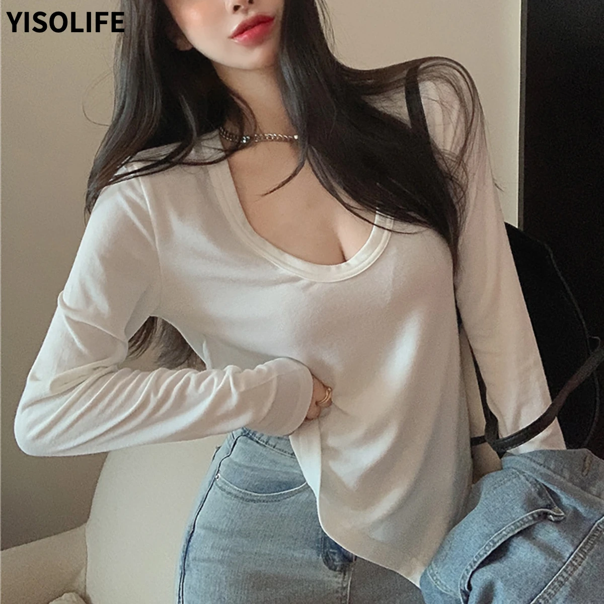 

Женская одежда YISOLIFE, футболка до ключиц, открытая Женская Сексуальная облегающая футболка с низким воротником и длинным рукавом, универсал...