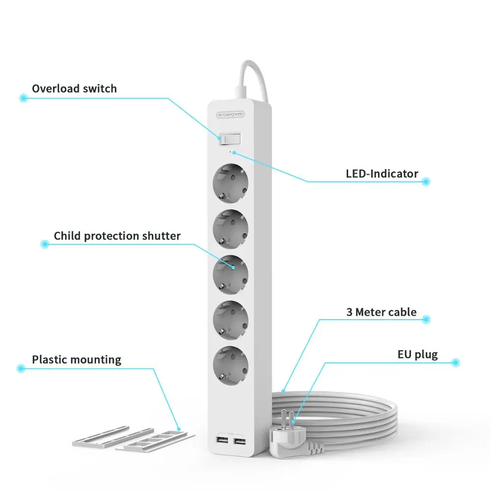 Сетевой фильтр NTON с удлинителем 3 м настенная лента питания высокое качество 5