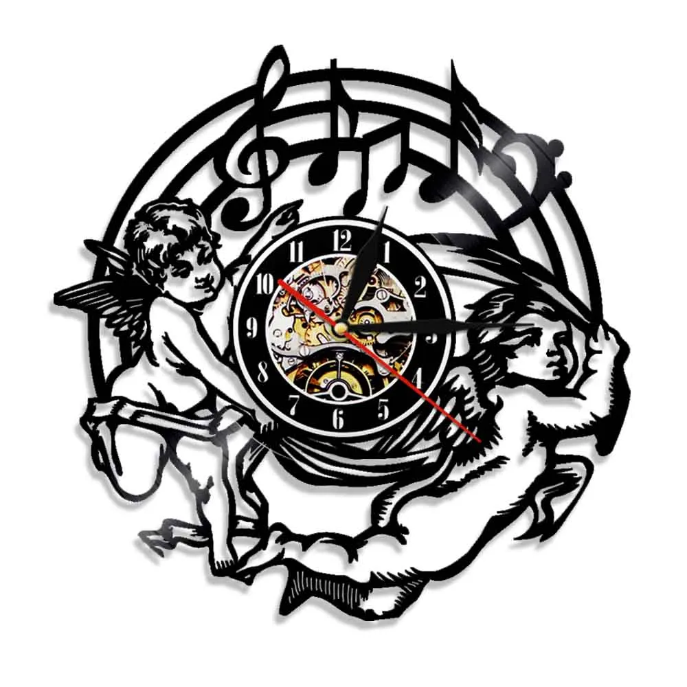 

Angels Vinyl Wall Clock Housewarming Nursery Wall Art Decor Clock 12"Quartz Silent Music Note Time Clock Modern Decor