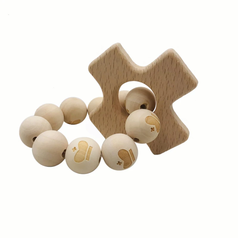 Pulsera mordedor para beb&eacute;, dentici&oacute;n Natural de Animal de juguete de madera de haya, cuentas de silicona, mordedor para beb&eacute; reci&eacute;n nacido, regalo DIY para beb&eacute;-3