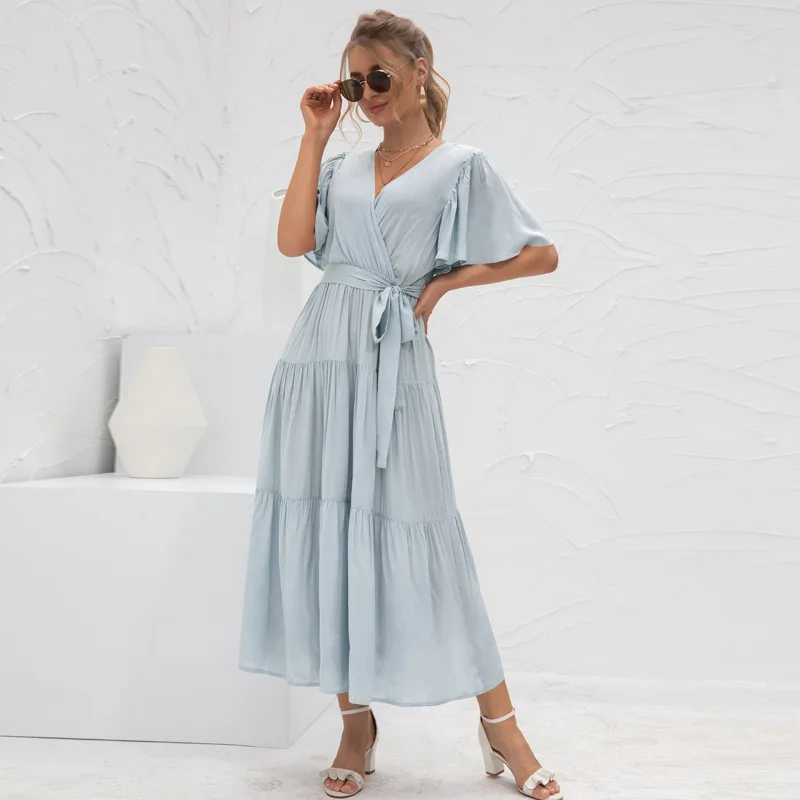 

2021 Vintage Summer Dress Woman Solid V Neck Loose Thin Beach Dress Casual Short Sleeve Female Maxi Dress Woman Clothing