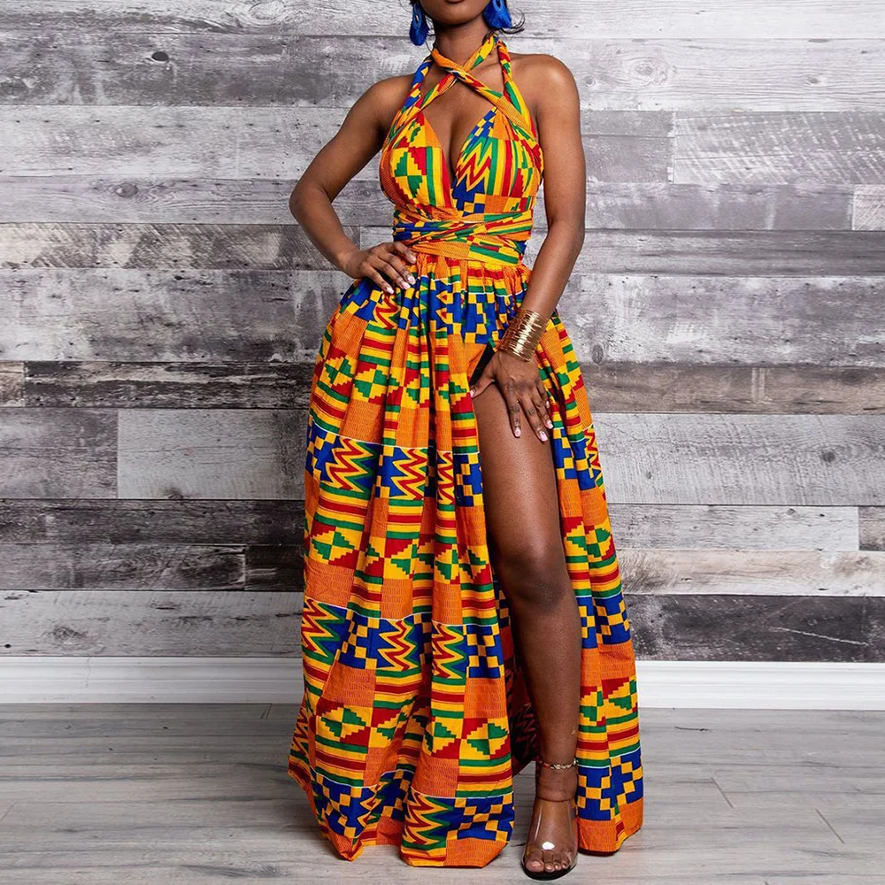 Длинное летнее женское платье с лямкой на шее в африканском стиле высокой талией
