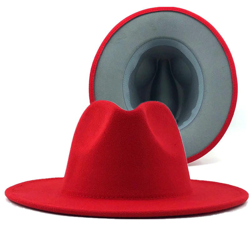 

57-60CM red with gray Bottom Patchwork Panama Wool Felt Jazz Fedora Hats Women Men Wide Brim Party Cowboy Trilby Gambler Hat