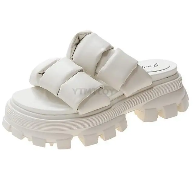 

2021Summer Casual Thick-soled Solid Color Slippers Ladies Wedge High Heel Shoes PU Leather Summer Zapatos Mujer Sandals Slippers