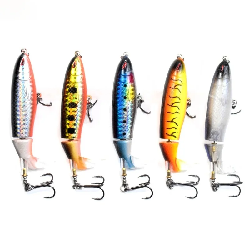 

CCLTBA 5PCS/ SET Plastic Box Topwater Fishing Lure 95MM 13.5G Angry Eyes Plastic Tail Rotation Floating Wobbler Hard Bait