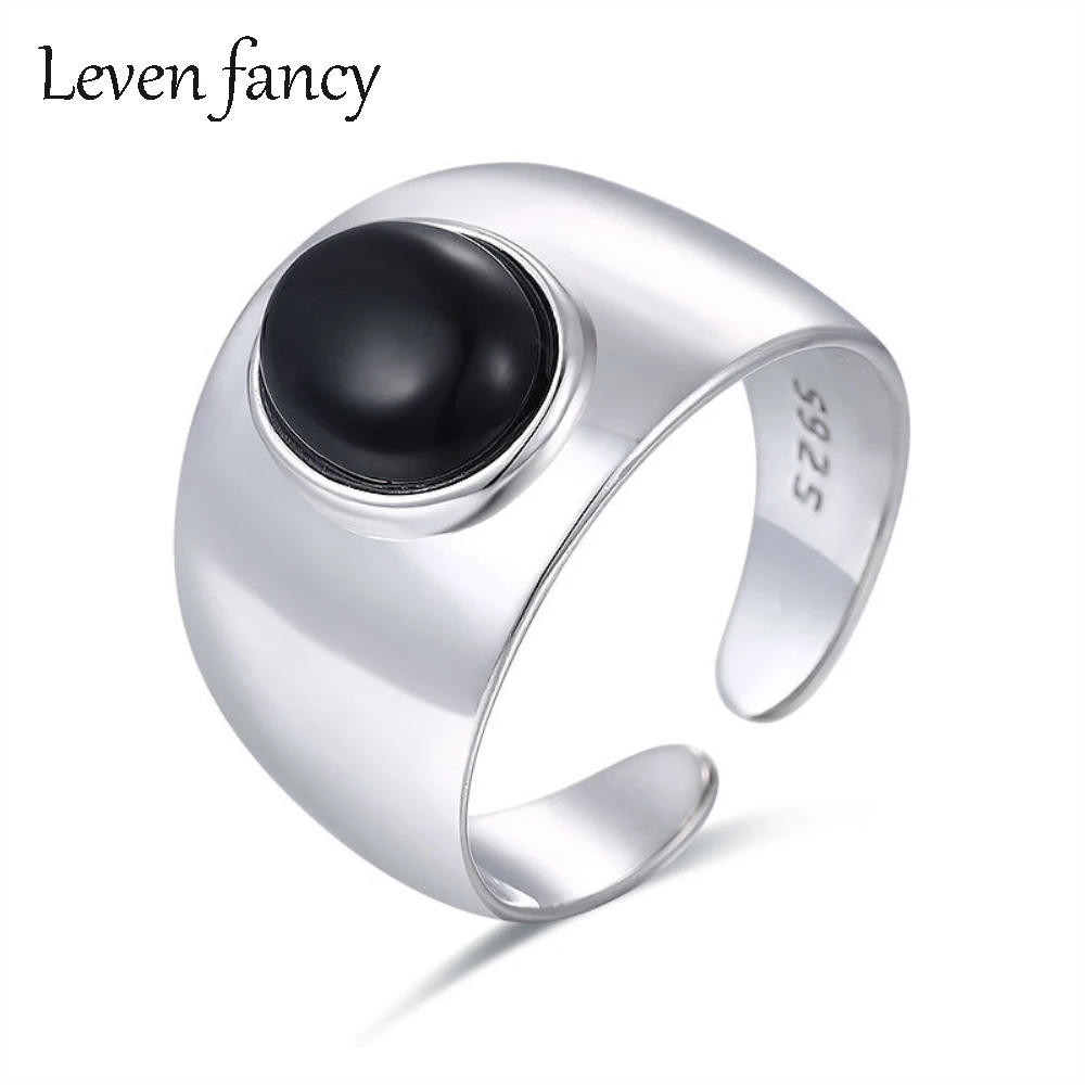 

Женское кольцо с агатом, черное кольцо из стерлингового серебра 925 пробы с натуральным драгоценным камнем, широкие кольца для подарка