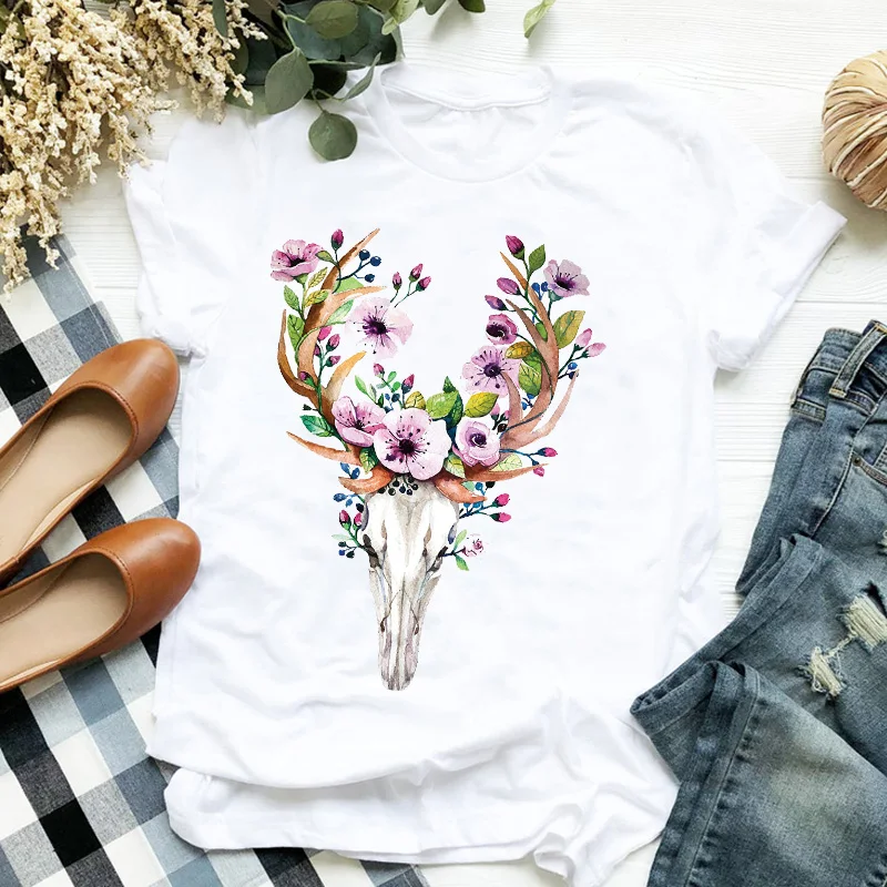 Женская футболка с цветочным принтом череп Heifer головы коровы короткими рукавами