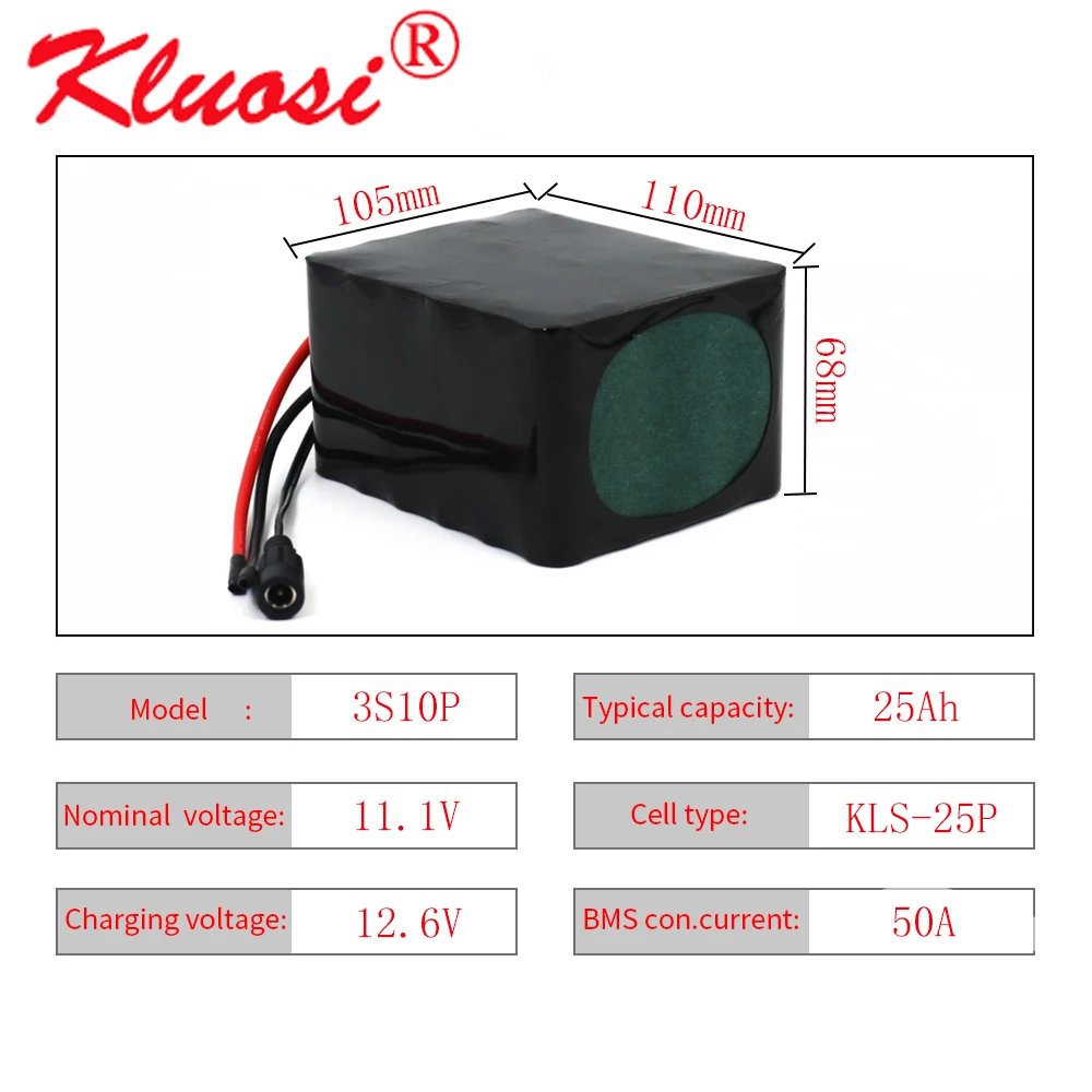Аккумулятор KLUOSI 12 В 25 А · ч 3S10P 450 Вт 6 в литиевый аккумулятор с 50 BMS для инвертора