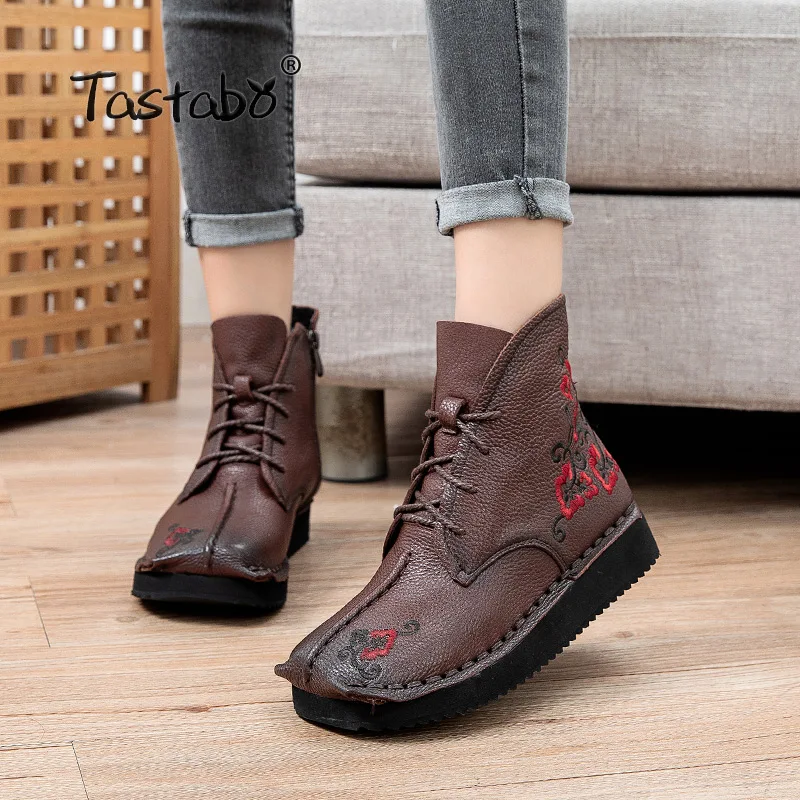 

Tastabo Genuine Leather ankle boots Elegant fashion Women's boots Brown Black S88501 Non-slip wear Comfortable Flat bottom 35-40