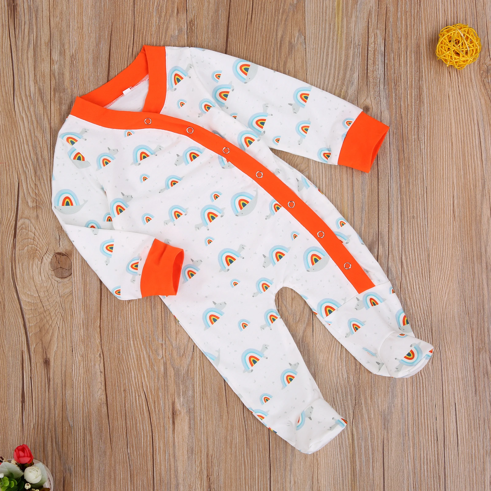 

Newborn Baby Rainbow Pattern Romper Infant Loose Long Sleeve Round Neck Footed Romper Jumpsuit One-Piece Outfit Cotton Clothes