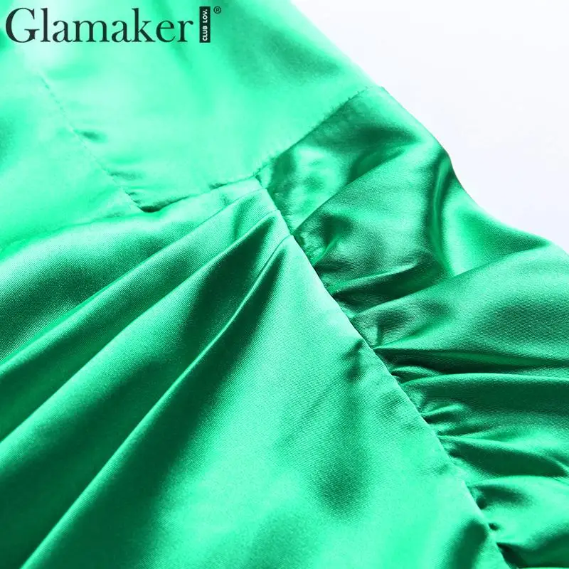 Glamaker Satin green pleated elegant short dress Women off shoulder sexy party bodycon Autumn long sleeve A-line vestidos | Женская