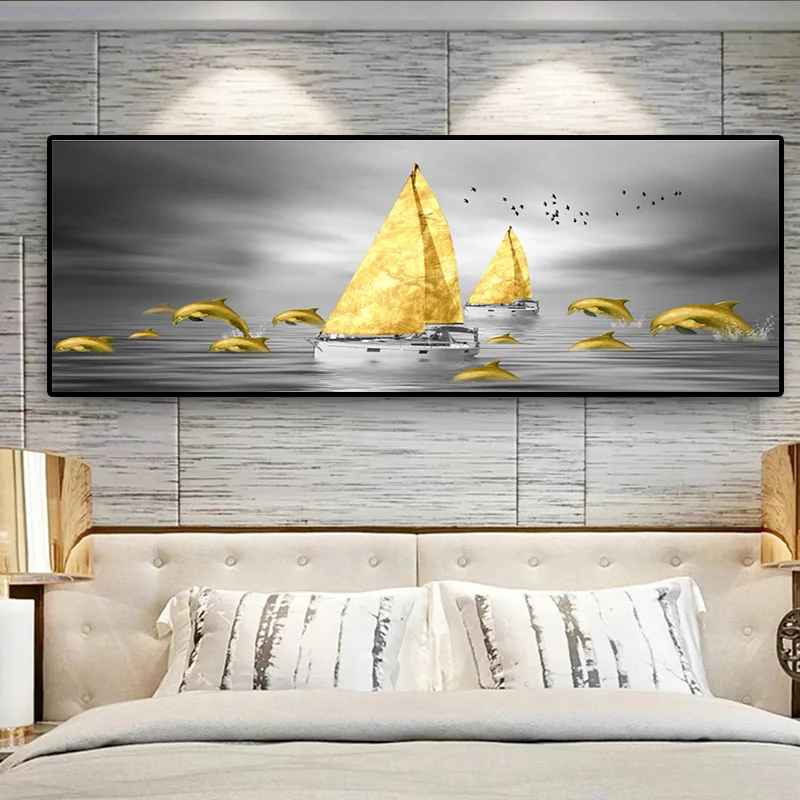 Современное золотое абстрактное пейзажное искусство: картина серого неба и лодки для украшения стены в гостиной дома (без рамы).