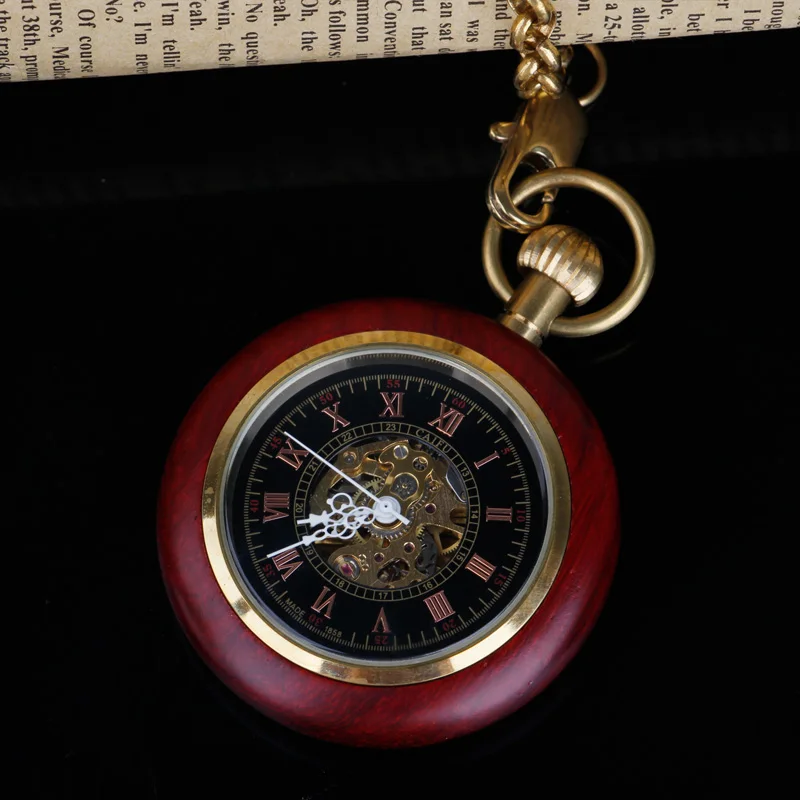 Vintage Mechanical Pocket Watch Wooden Roman Numerals Creative Carving Luxury Wood Watches Pendant Chain PJX005