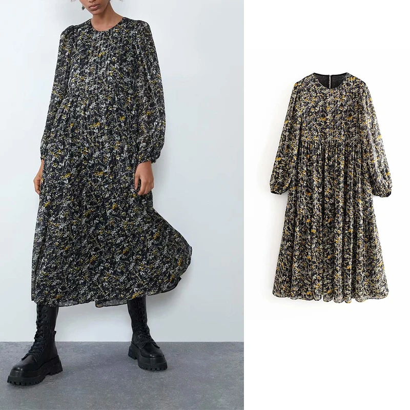 Женское длинное свободное платье za элегантное золотистой пряжи с цветочным