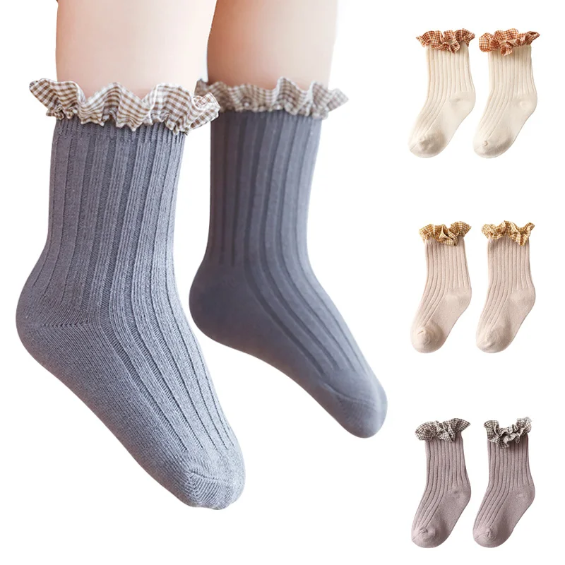 Детские носки для девочек, Прошитые клетчатые детские носки с оборками, мягкие теплые длинные носки, милые хлопковые детские аксессуары для...