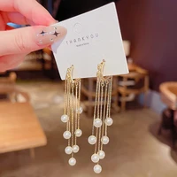 2021 new trendy pearl drop earrings for women fashion gold color long tassel pendant hanging earrings girls wedding jewelry gift