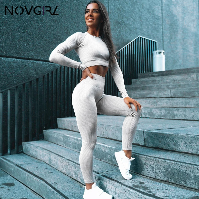 Novgirl ребристая трикотажная укороченная футболка Топы и леггинсы с высокой талией