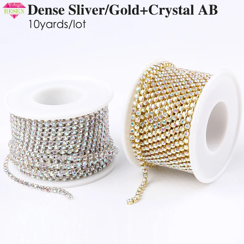 RESEN SS6 SS18(2 мм 4 5 мм) Серебряная/Золотая основа CrystalAB плотные Стразы цепочка для