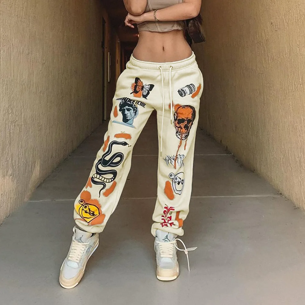 

Winter Women's Sweatpants Thick Harajuku Cartoon Printed Trousers Jogger Autumn 2021 Drawstring Cargo Pant Casual Pants