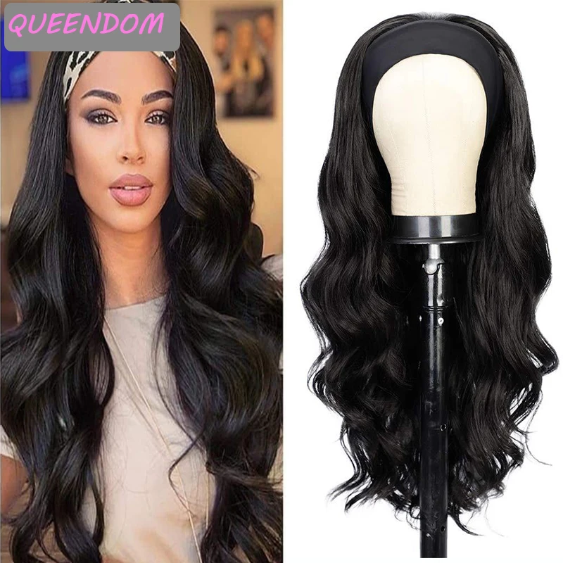 

Long Wavy Women's Head Band Wig 26 Inch Natural Black Body Wave Headwraps Wig Heat Resistant Synthetic Cosplay Wigs with Turban