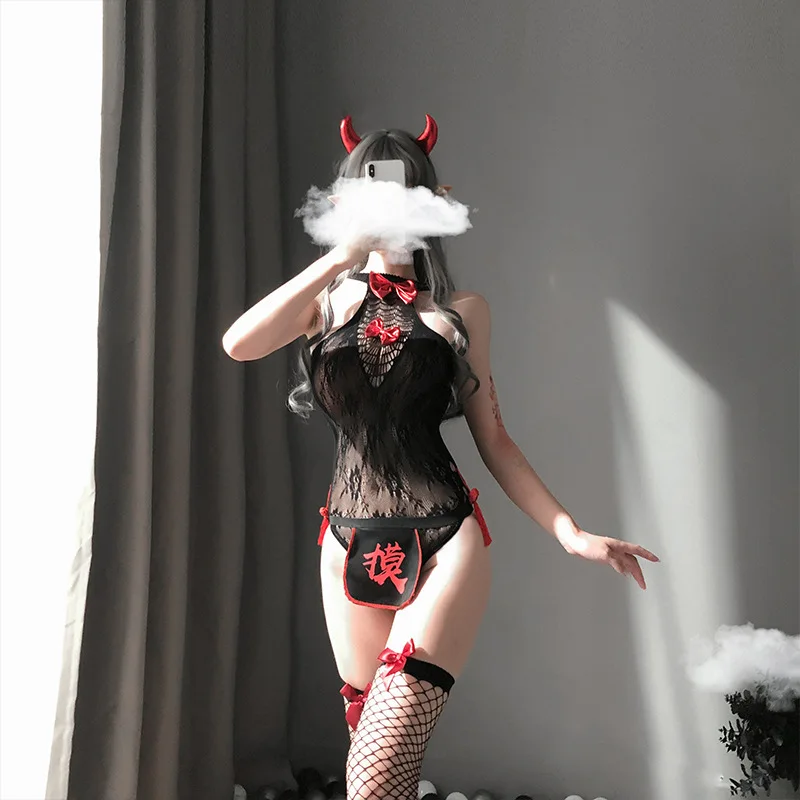 

Осеннее Новое Сексуальное нижнее белье, прозрачное кружевное цельное Сетчатое платье с бантом и маленькой ведьмой, соблазнительный костюм ...