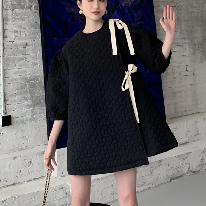 

LANMREM 2021 New Spring Autumn Dress Women Puff Sleeve Plus Size O Neck Cotton Short Dresses Fashion Streewear Clothes 2A3297