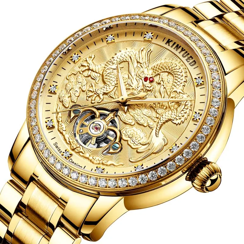 Gold KINYUED, новинка, золотой дракон, дизайн, механические часы, мужские, коричневые, кожа, светящиеся, водонепроницаемые, автоматические часы, алмаз, турбийон, часы - Цвет: Gold