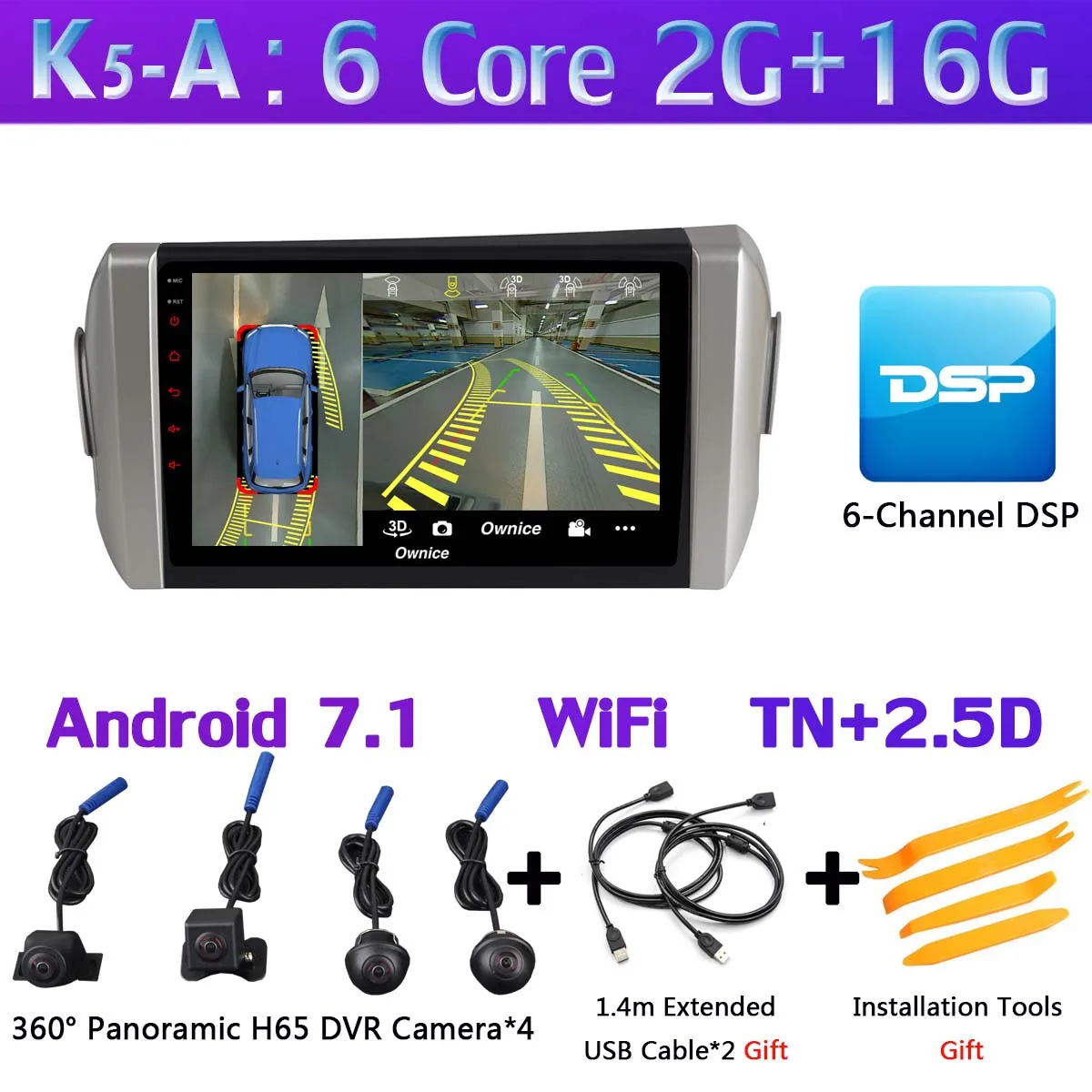 K5-A 360 ° панорамный 4G WiFi Android 9,0 8Core 4G+ 64G Автомобильный мультимедийный плеер gps компактное минирадио CarPlay для Toyota Innova Crystal - Цвет: K5-A
