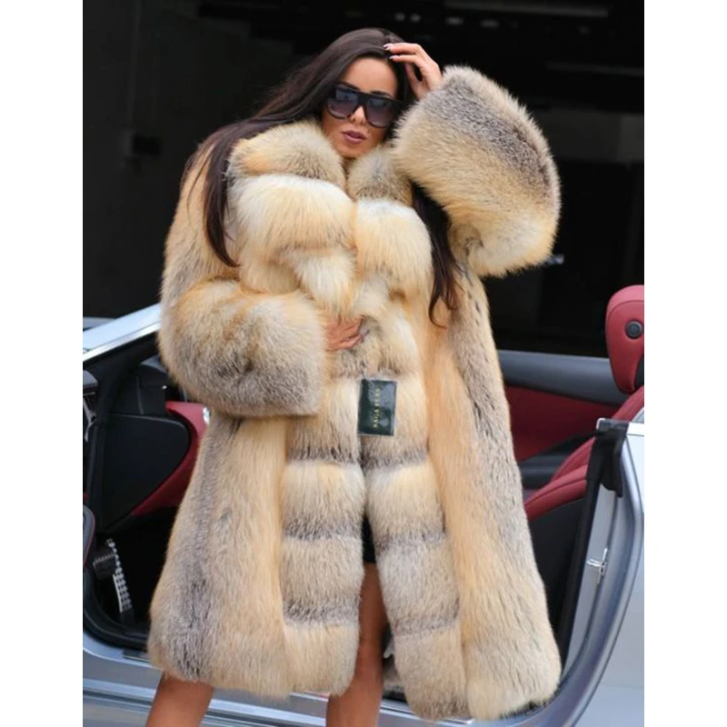 FURSARCAR Luxurious Big Collar Real Natrual Golden Fox Fur Jacket With Hood Plus Size Long Women Winter Fur Coat