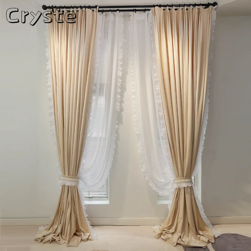 

Curtains for Living Dining Room Bedroom Milk Tea Color Flannel French Light Luxury Shading Bay Window Solid Nordic Velvet Door