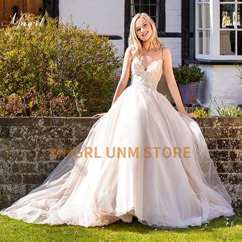 

MNGRL Wedding Dress Simple Retro V-neck Sleeveless White Lace 3D Flower Bridal Dresses Backless Plus Size Wedding Gown