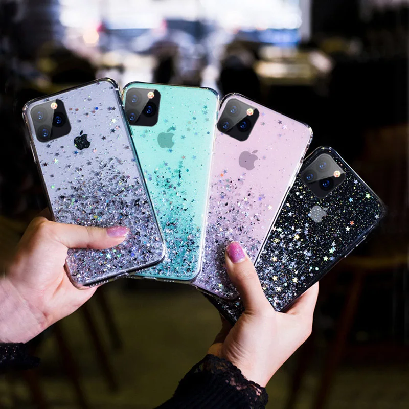 Блестящий Прозрачный чехол со звездами для iPhone 11 Pro X XR XS MAX 7 8 6s для samsung S10 S9 S8 Plus Note 10Pro 8 9 A10A20A30 A40A50A70