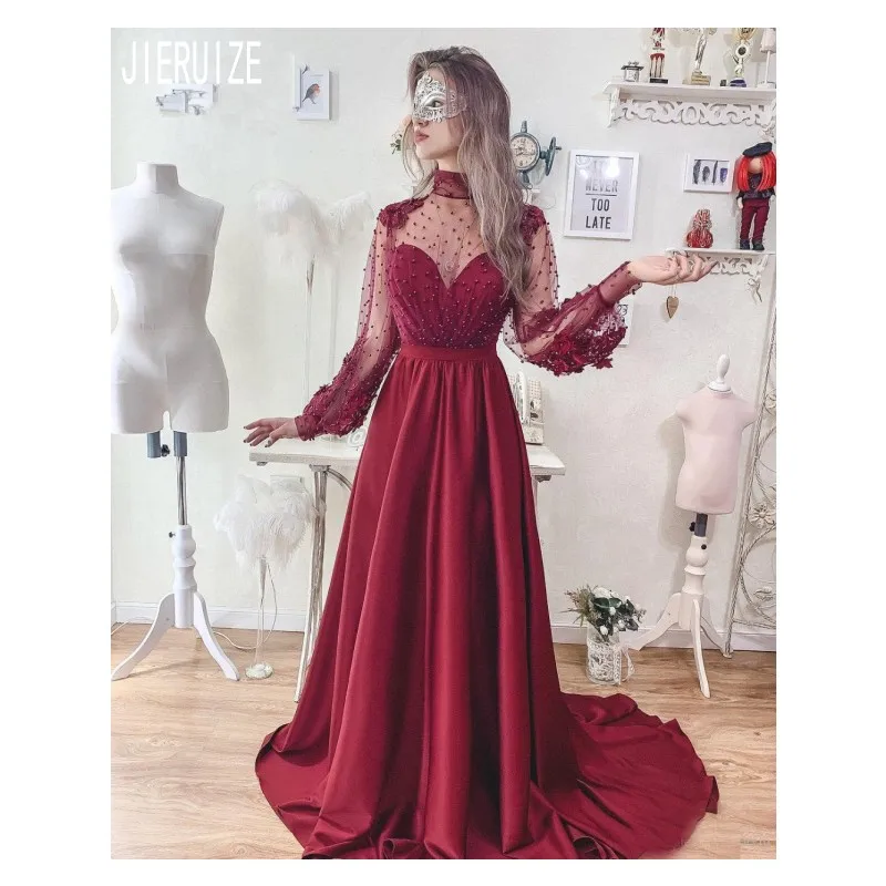 

Вечерние платья JIERUIZE, бордовое, с высоким воротом, длинными рукавами, жемчугом, вырезом на спине