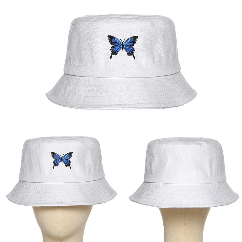 

Summer Butterfly Bucket Double-Sided embroidery Men Femme Sun Floral Hat Cotton Sad Cap Fashion Women Boy Girls